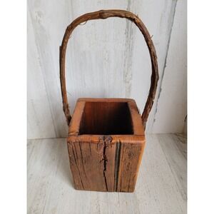 Vintage wooden square handled basket Easter home decor unique brown